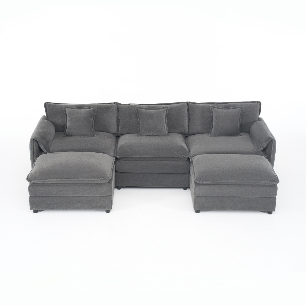 Oversized Modular Sectional Sofa with 2 Ottomans - Deep Seat U-Shaped Chenille Couch Set for Living Room, Grey