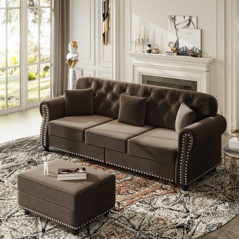 Mid-Century Modern Velvet Sofa Set with Nailhead Trim, Chesterfield Tufted Couch with Rolled Arms & Ottoman