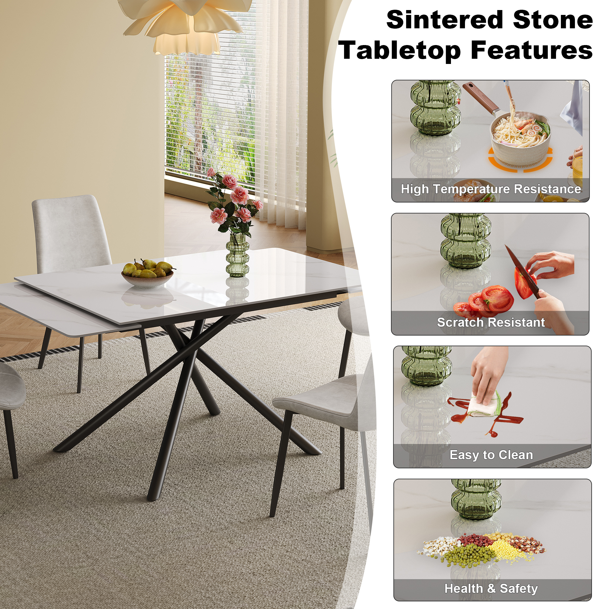 Retractable Sintered Stone Dining Table Set with 8 Chairs, Modern Extendable Kitchen Table, Black Carbon Steel Cross-Leg Base