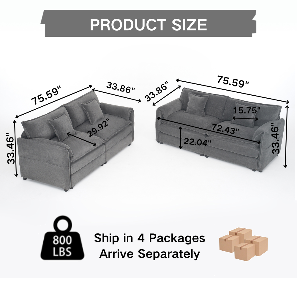 Oversized Deep Seat Luxury Chenille Sofa Set, Modern Grey Modular Loveseat Couches with 4 Pillows for Living Room