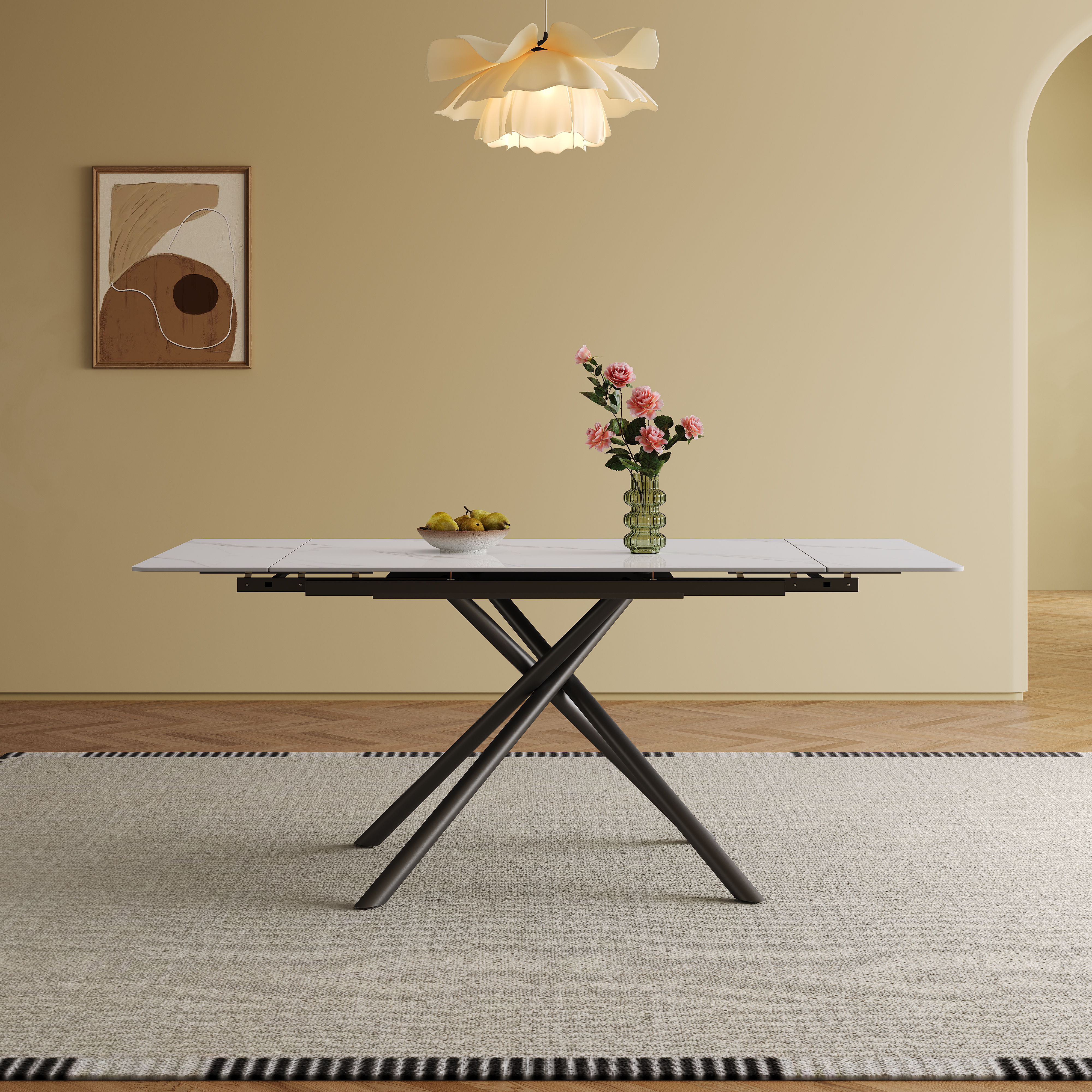 Retractable Sintered Stone Dining Table Set with 8 Chairs, Modern Extendable Kitchen Table, Black Carbon Steel Cross-Leg Base