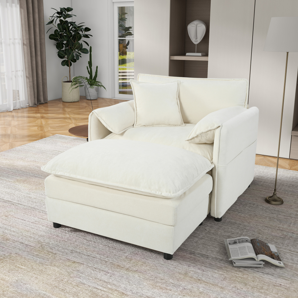 Modern Chenille Oversized Recliner Chair with Movable Ottoman - Modular Beige Lounge Sofa for Living Room & Bedroom
