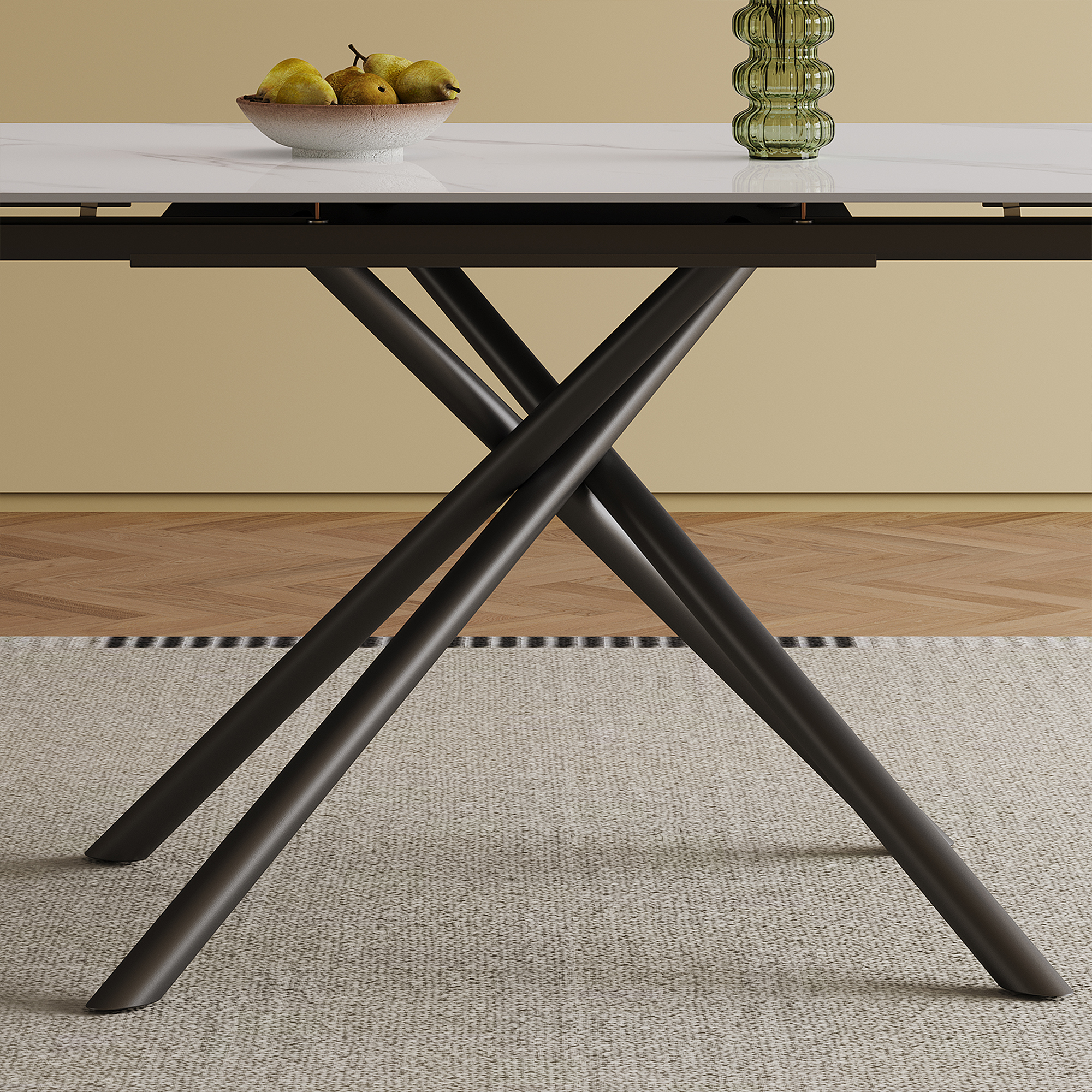 Retractable Sintered Stone Dining Table Set with 8 Chairs, Modern Extendable Kitchen Table, Black Carbon Steel Cross-Leg Base