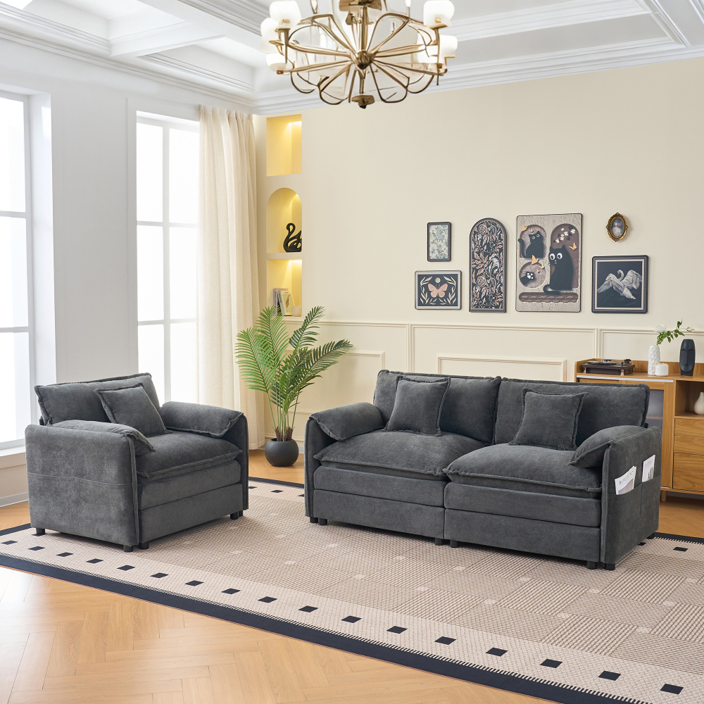 Modern Deep Seat Chenille Sofa Set - Modular Grey Loveseat & Couch Combo with Extra Thick Cushions for Living Room