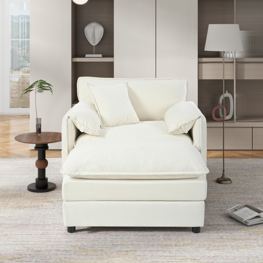 Modern Chenille Oversized Recliner Chair with Movable Ottoman - Modular Beige Lounge Sofa for Living Room & Bedroom
