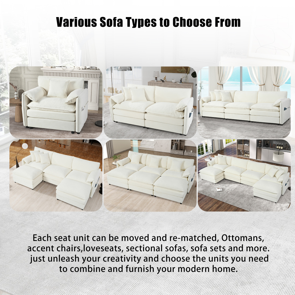 Modern Chenille Oversized Recliner Chair with Movable Ottoman - Modular Beige Lounge Sofa for Living Room & Bedroom