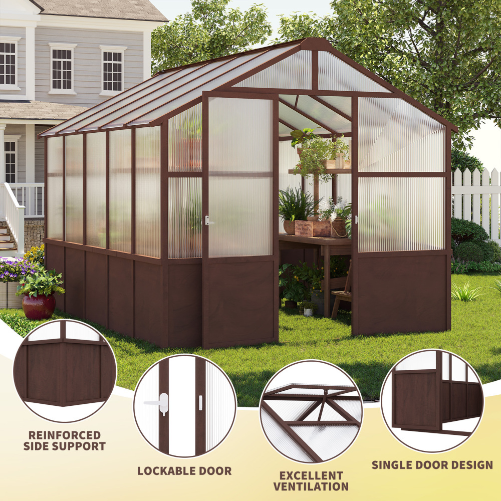 8x10 FT Premium Cedar Wood Greenhouse Kit with 6mm Polycarbonate Panels - Walk-in Garden House with Adjustable Vents & Lockable Door for Backyard