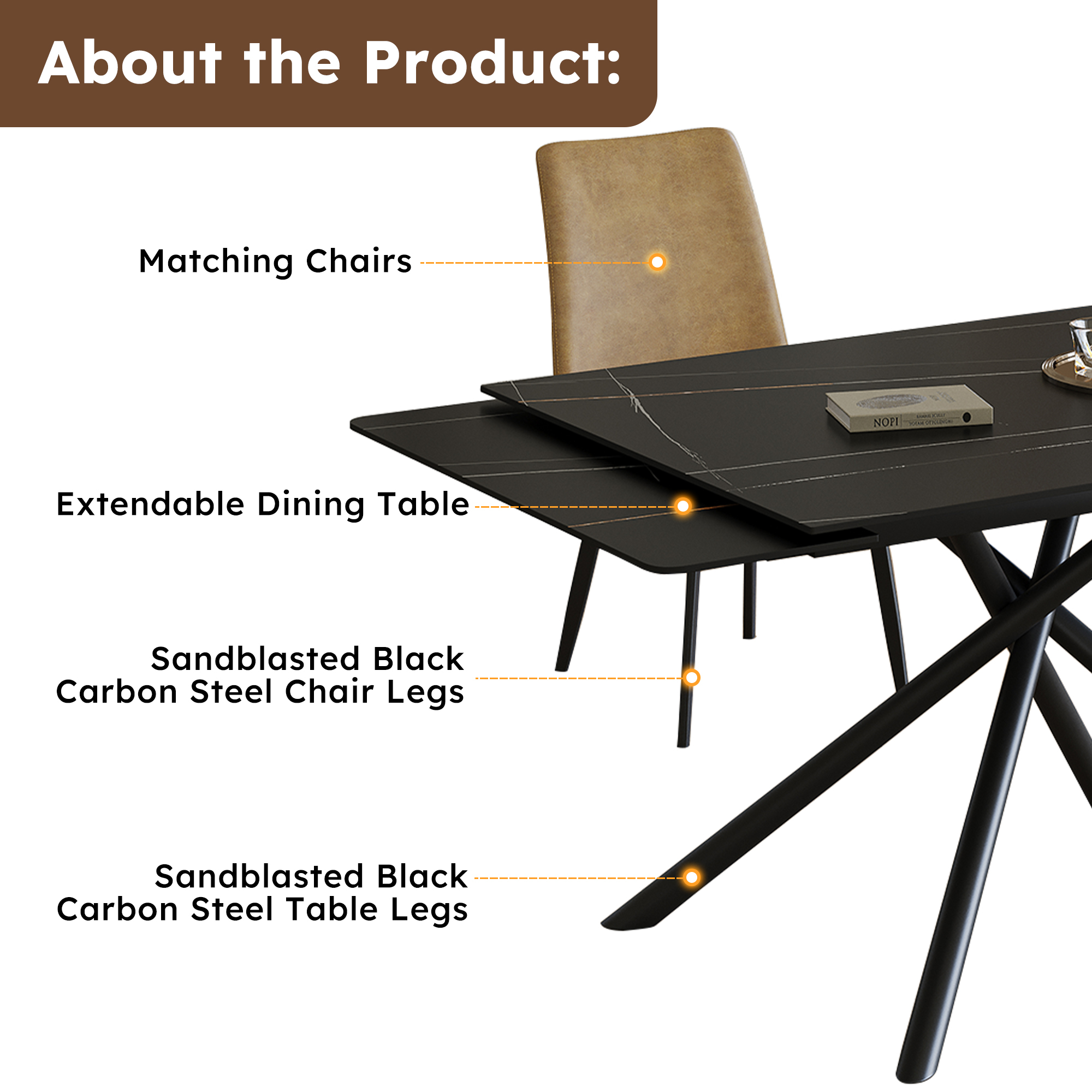 Retractable Sintered Stone Dining Table Set with 4 Chairs - Modern Black Extendable Kitchen Table & Faux Leather Seating