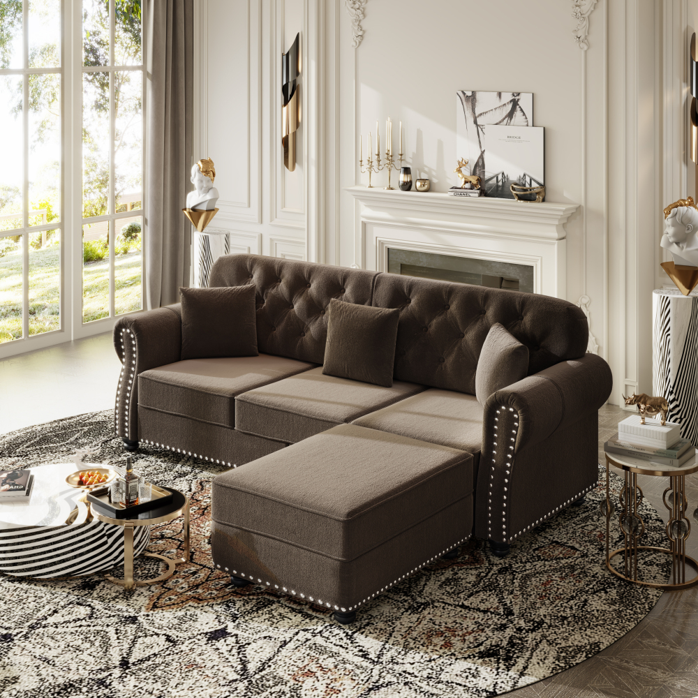 Mid-Century Modern Velvet Sofa Set with Nailhead Trim, Chesterfield Tufted Couch with Rolled Arms & Ottoman