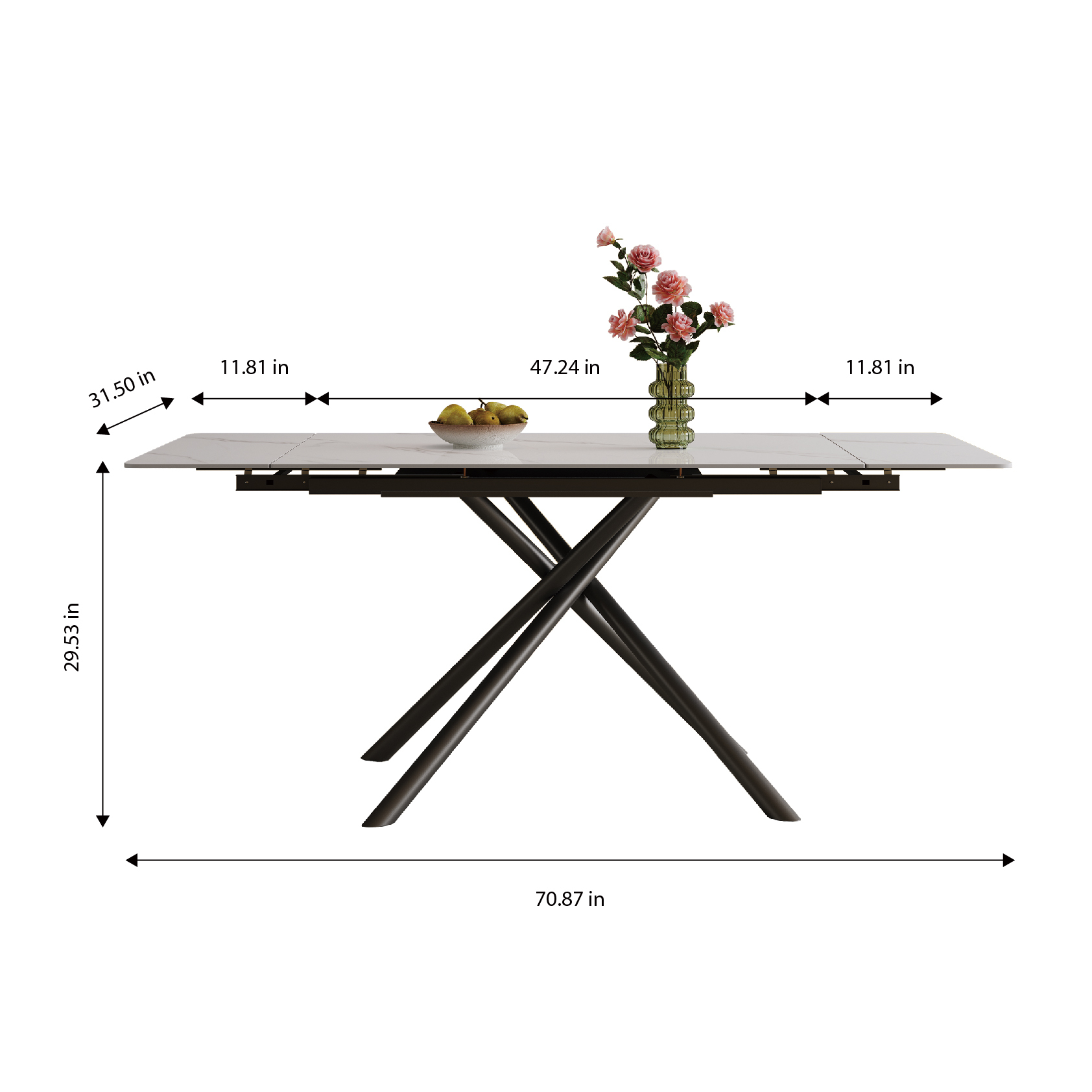 Retractable Sintered Stone Dining Table Set with 8 Chairs, Modern Extendable Kitchen Table, Black Carbon Steel Cross-Leg Base