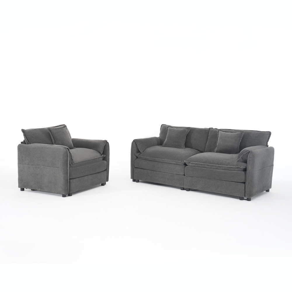 Modern Deep Seat Chenille Sofa Set - Modular Grey Loveseat & Couch Combo with Extra Thick Cushions for Living Room