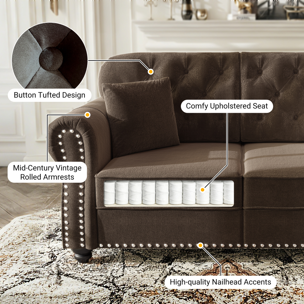 Mid-Century Modern Velvet Sofa Set with Nailhead Trim, Chesterfield Tufted Couch with Rolled Arms & Ottoman