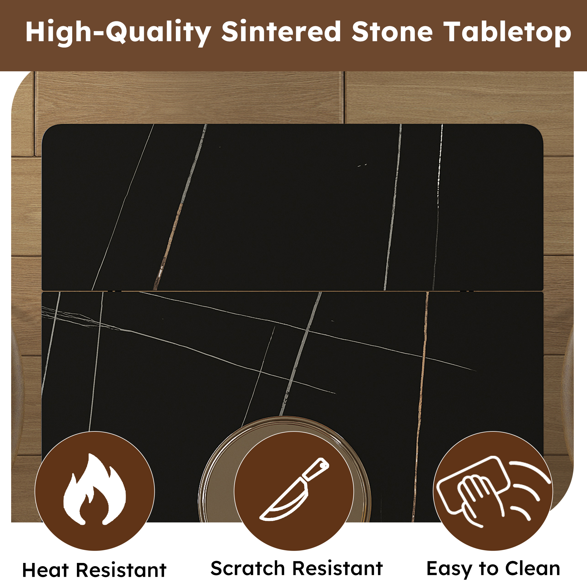Retractable Sintered Stone Dining Table Set with 4 Chairs - Modern Black Extendable Kitchen Table & Faux Leather Seating