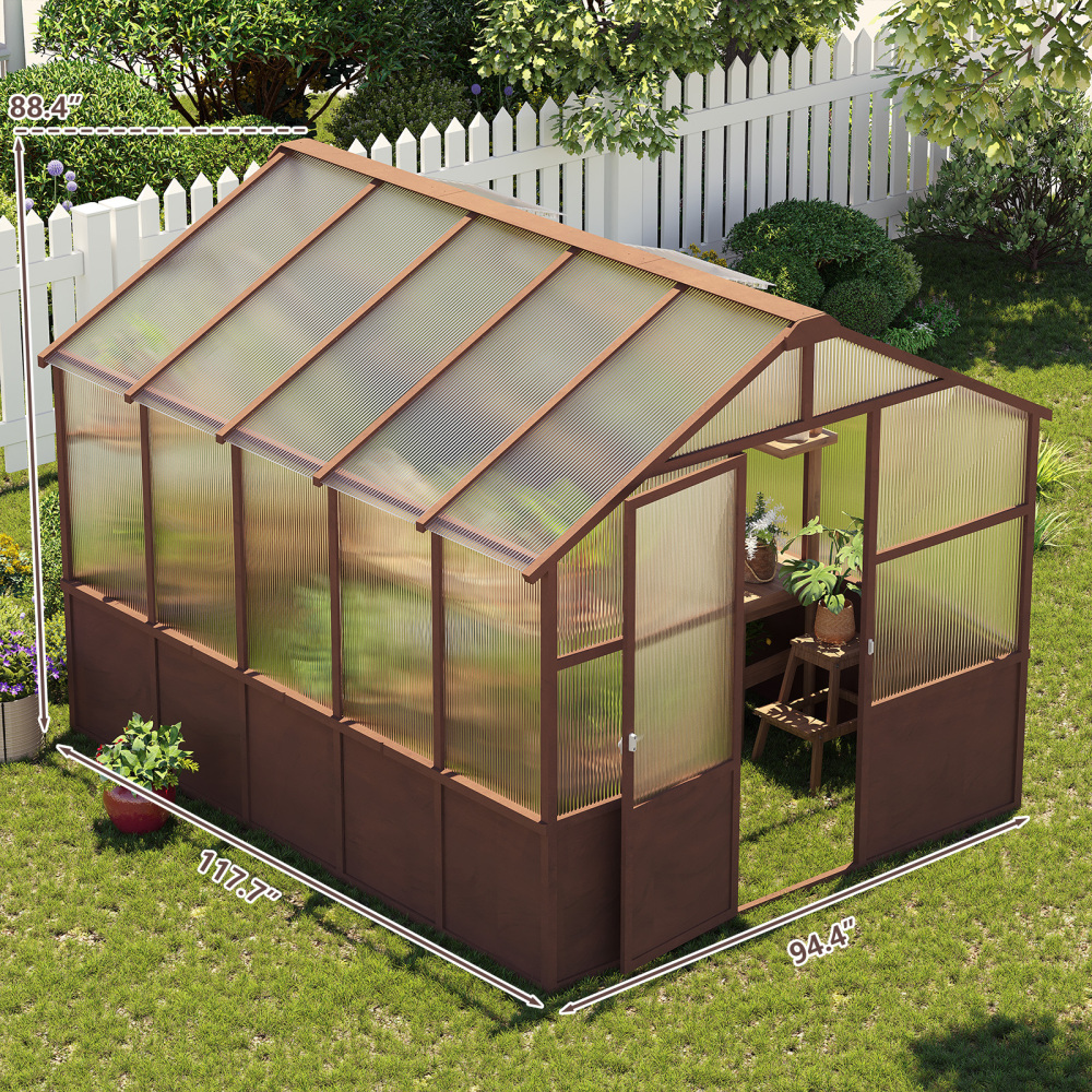 8x10 FT Premium Cedar Wood Greenhouse Kit with 6mm Polycarbonate Panels - Walk-in Garden House with Adjustable Vents & Lockable Door for Backyard