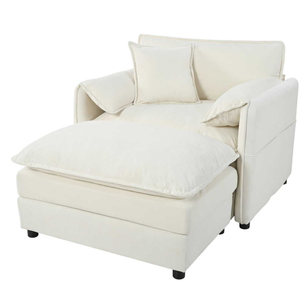 Modern Chenille Oversized Recliner Chair with Movable Ottoman - Modular Beige Lounge Sofa for Living Room & Bedroom
