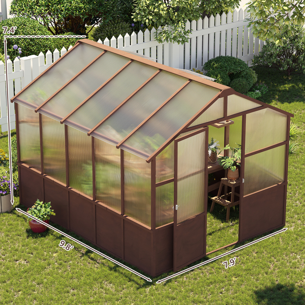 8x10 FT Premium Cedar Wood Greenhouse Kit with 6mm Polycarbonate Panels - Walk-in Garden House with Adjustable Vents & Lockable Door for Backyard