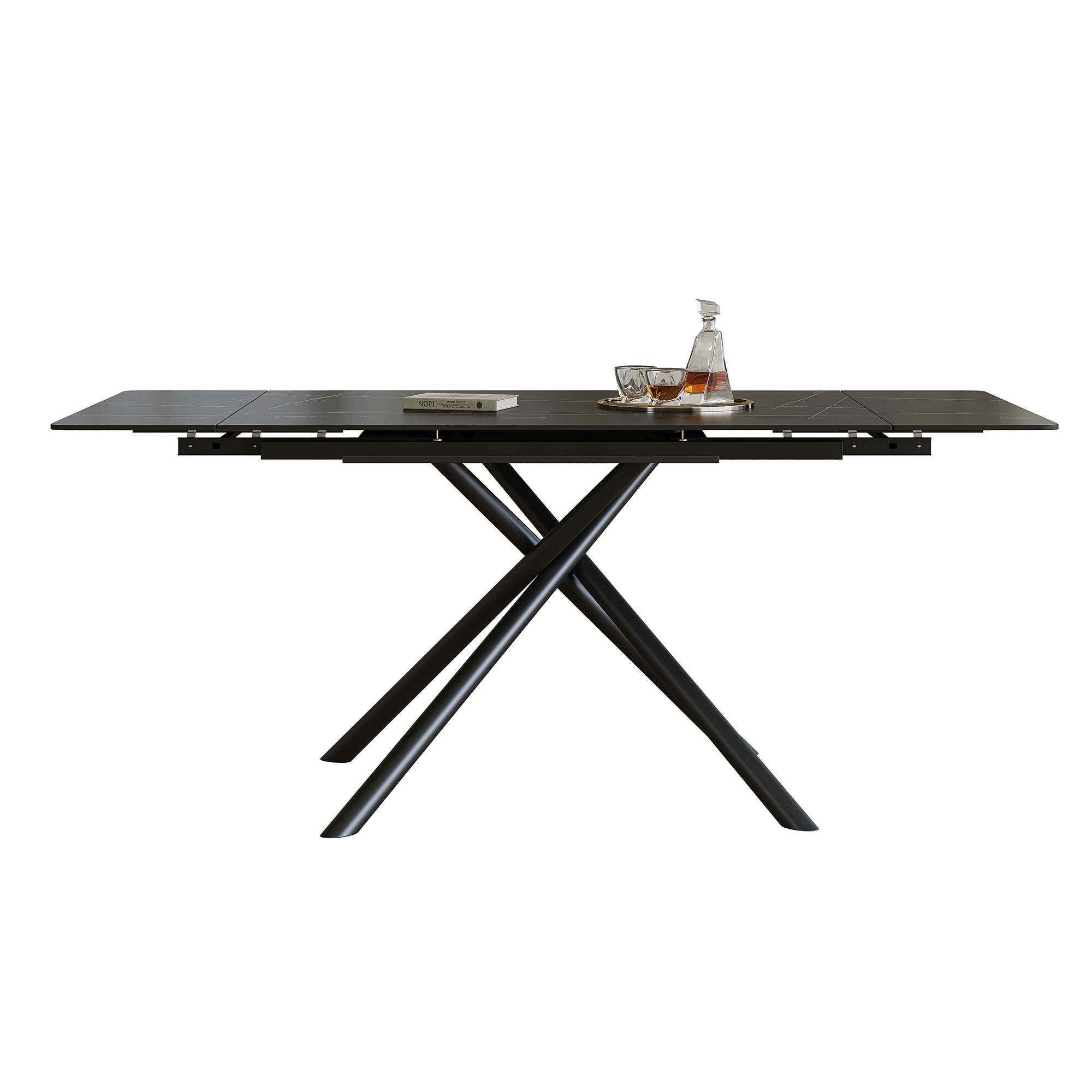 Retractable Sintered Stone Dining Table Set with 4 Chairs - Modern Black Extendable Kitchen Table & Faux Leather Seating
