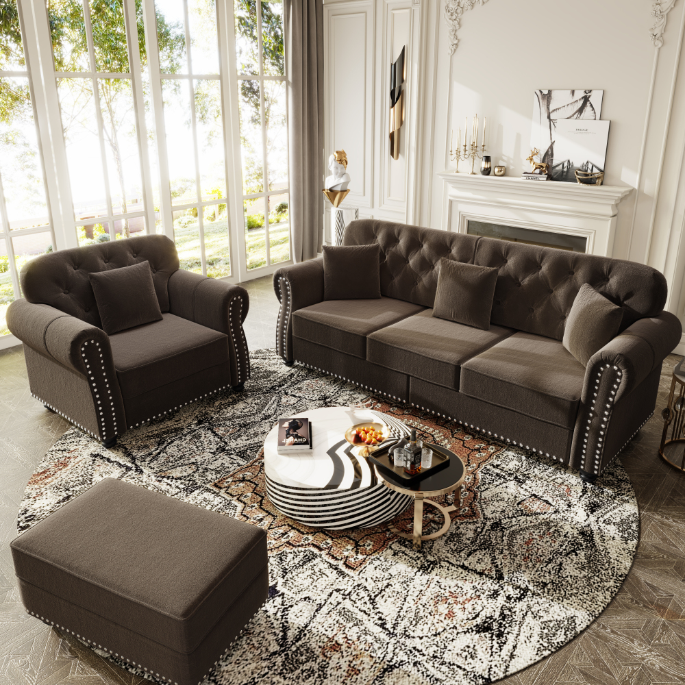 Mid-Century Modern Velvet Sofa Set with Nailhead Trim, Chesterfield Tufted Couch with Rolled Arms & Ottoman