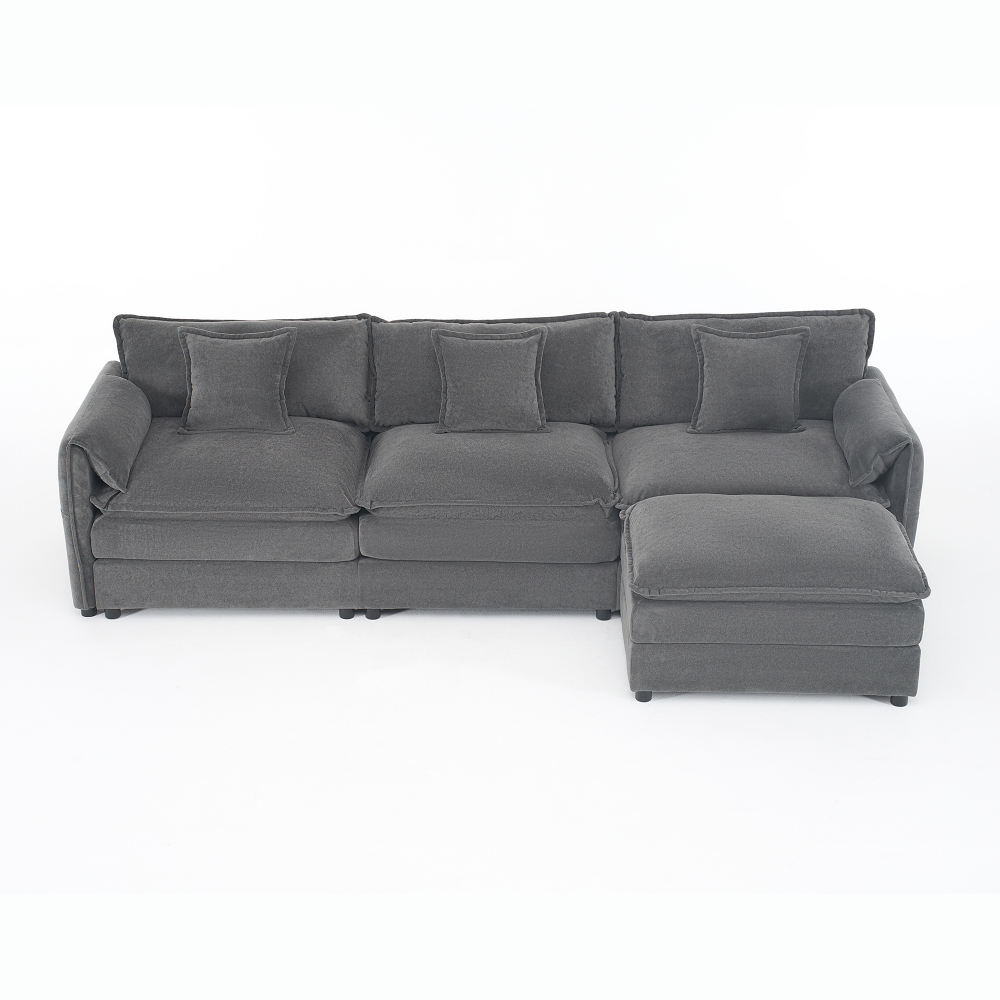 Oversized Modular Sectional Sofa with Movable Ottoman - Deep Seat Chenille L-Shaped Couch Set for Living Room, Grey