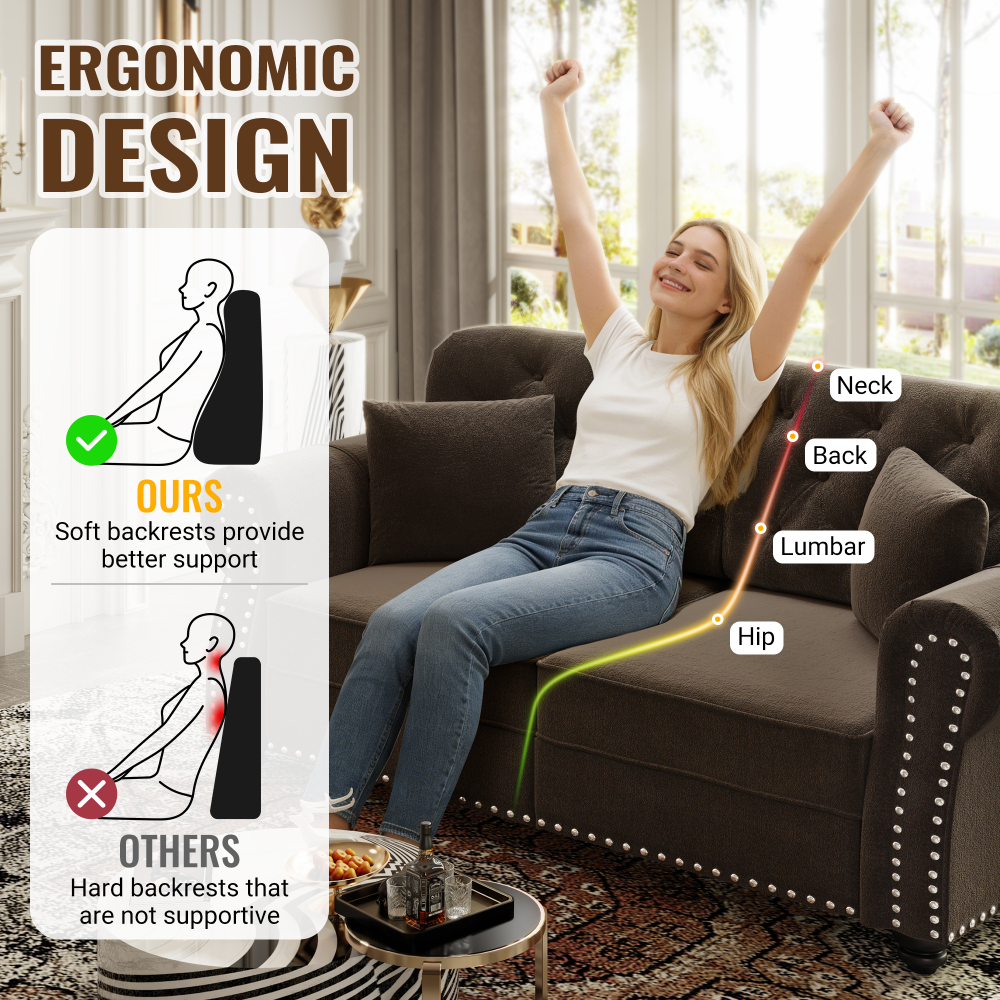 Mid-Century Modern Velvet Sofa Set with Nailhead Trim, Chesterfield Tufted Couch with Rolled Arms & Ottoman