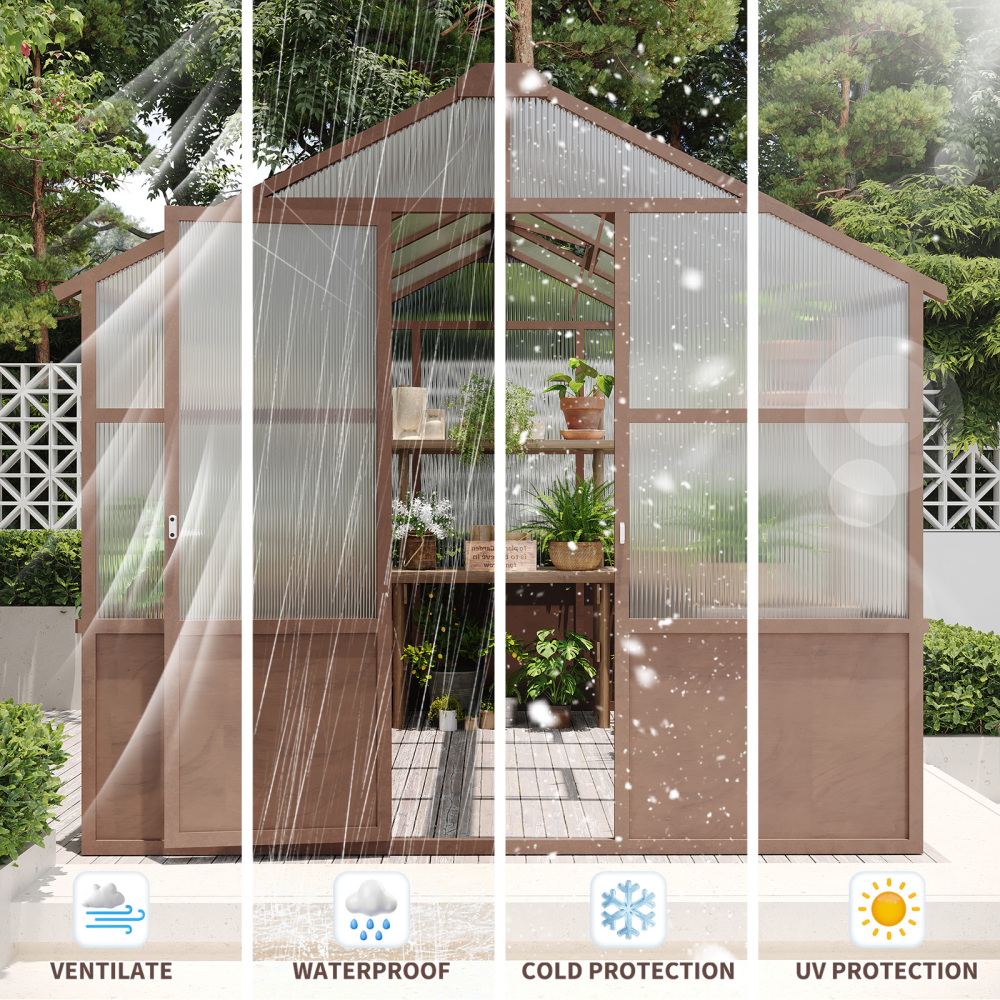 8x10 FT Premium Cedar Wood Greenhouse Kit with 6mm Polycarbonate Panels - Walk-in Garden House with Adjustable Vents & Lockable Door for Backyard