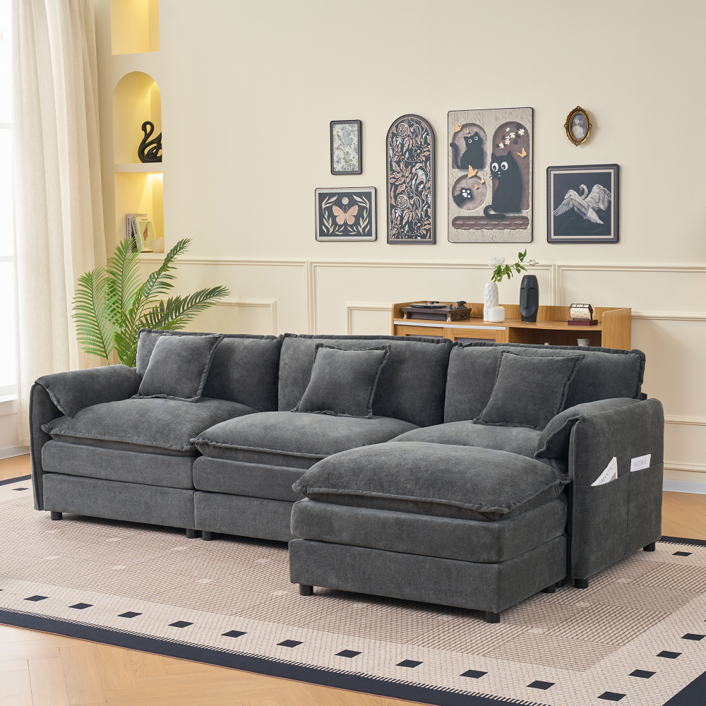 Oversized Modular Sectional Sofa with Movable Ottoman - Deep Seat Chenille L-Shaped Couch Set for Living Room, Grey