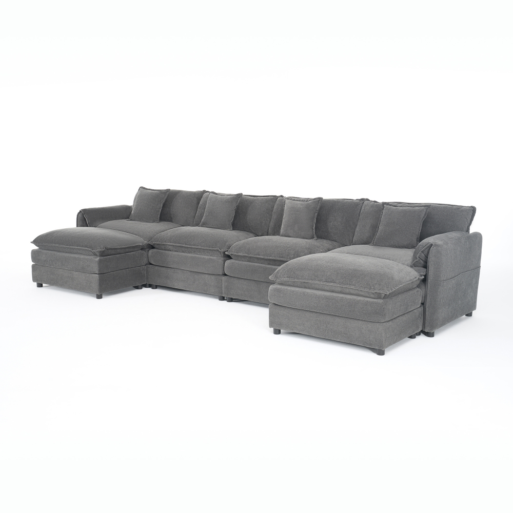 Oversized Modular Sectional Sofa U-Shaped Couch Set with 2 Movable Ottomans, Deep Seat Chenille Living Room Furniture, Grey