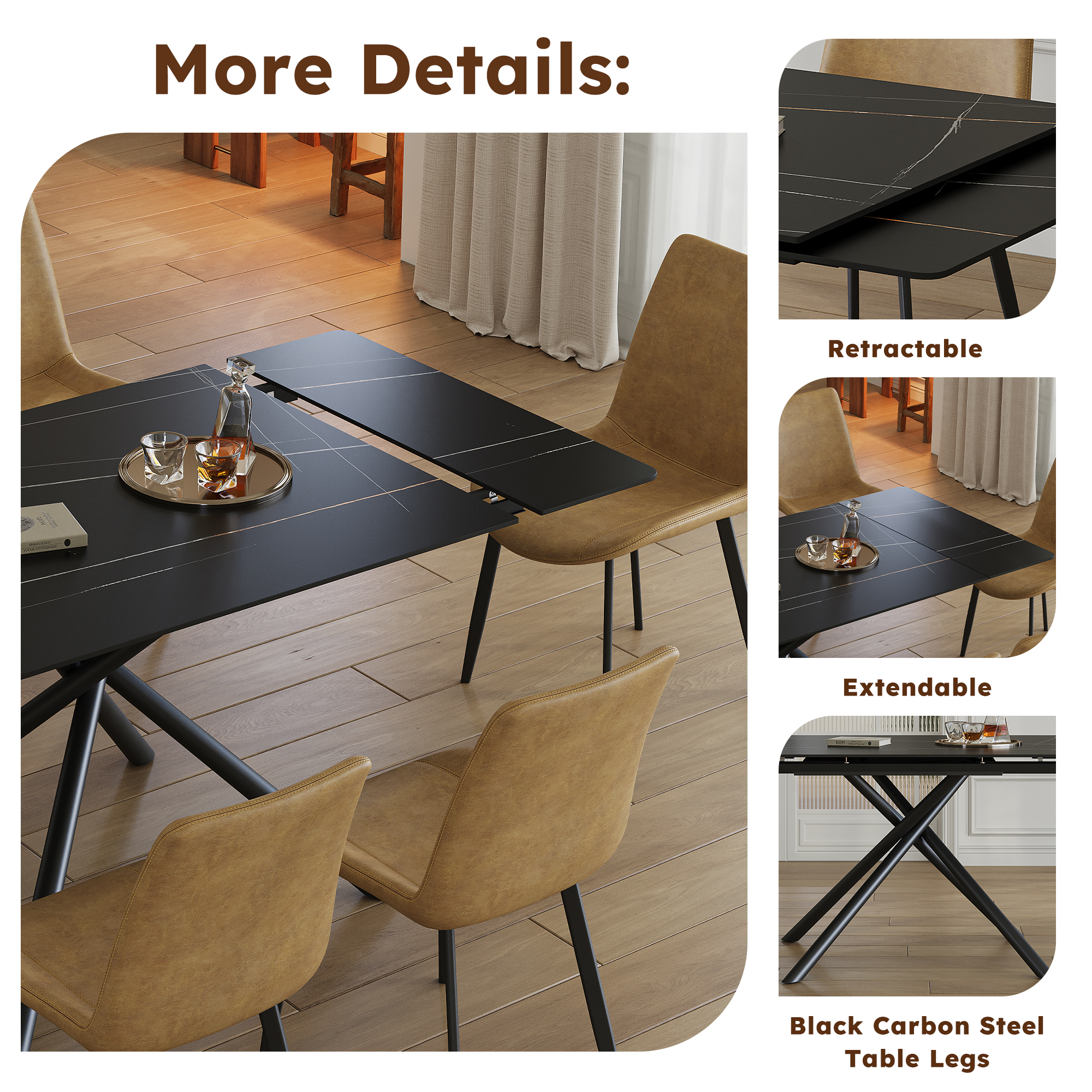 Retractable Sintered Stone Dining Table Set with 4 Chairs - Modern Black Extendable Kitchen Table & Faux Leather Seating