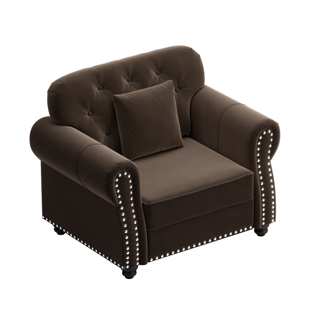 Mid-Century Modern Velvet Sofa Set with Nailhead Trim, Chesterfield Tufted Couch with Rolled Arms & Ottoman