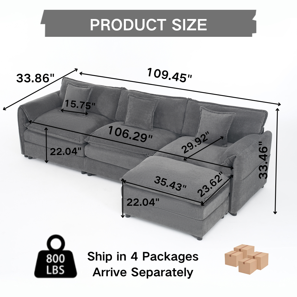 Oversized Modular Sectional Sofa with Movable Ottoman - Deep Seat Chenille L-Shaped Couch Set for Living Room, Grey