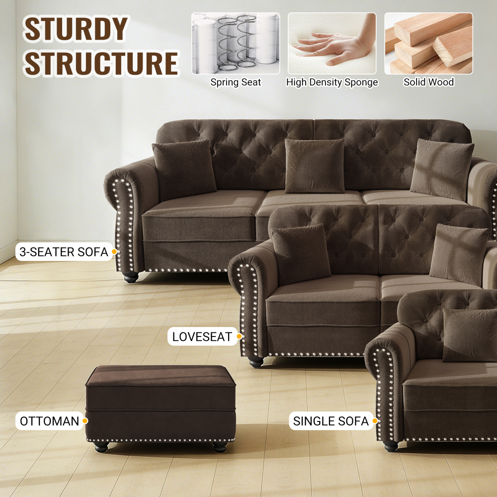 Mid-Century Modern Velvet Sofa Set with Nailhead Trim, Chesterfield Tufted Couch with Rolled Arms & Ottoman
