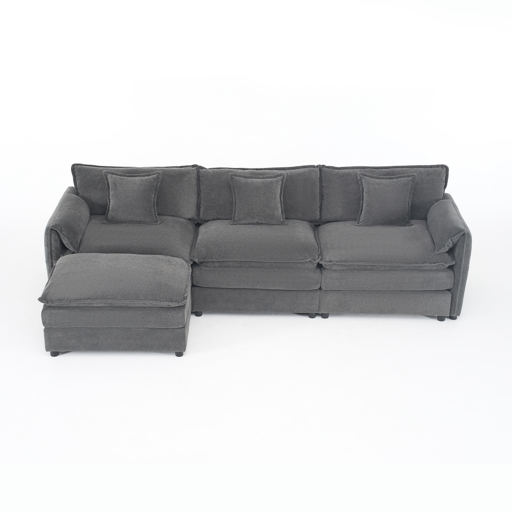Oversized Modular Sectional Sofa with Movable Ottoman - Deep Seat Chenille L-Shaped Couch Set for Living Room, Grey