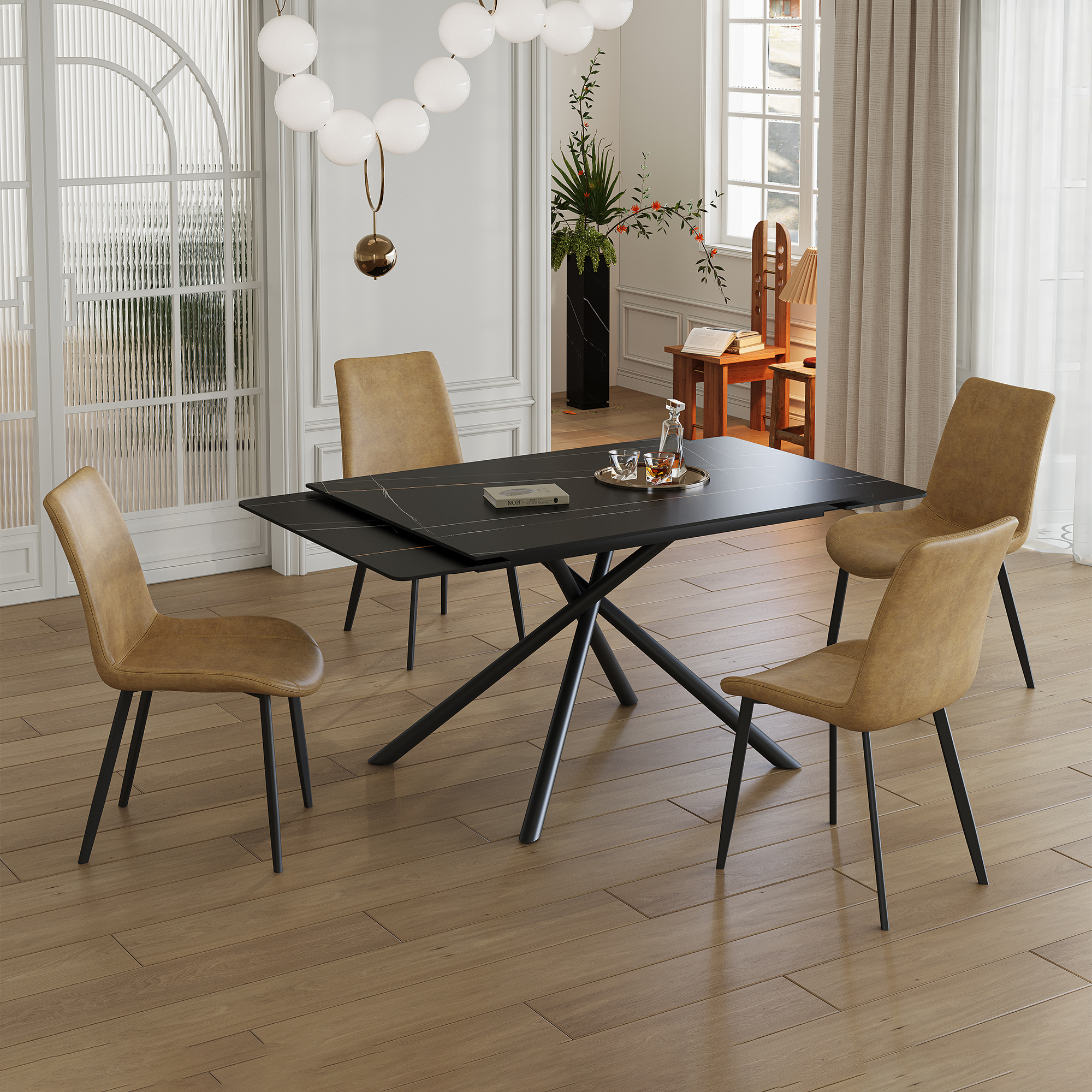 Retractable Sintered Stone Dining Table Set with 4 Chairs - Modern Black Extendable Kitchen Table & Faux Leather Seating