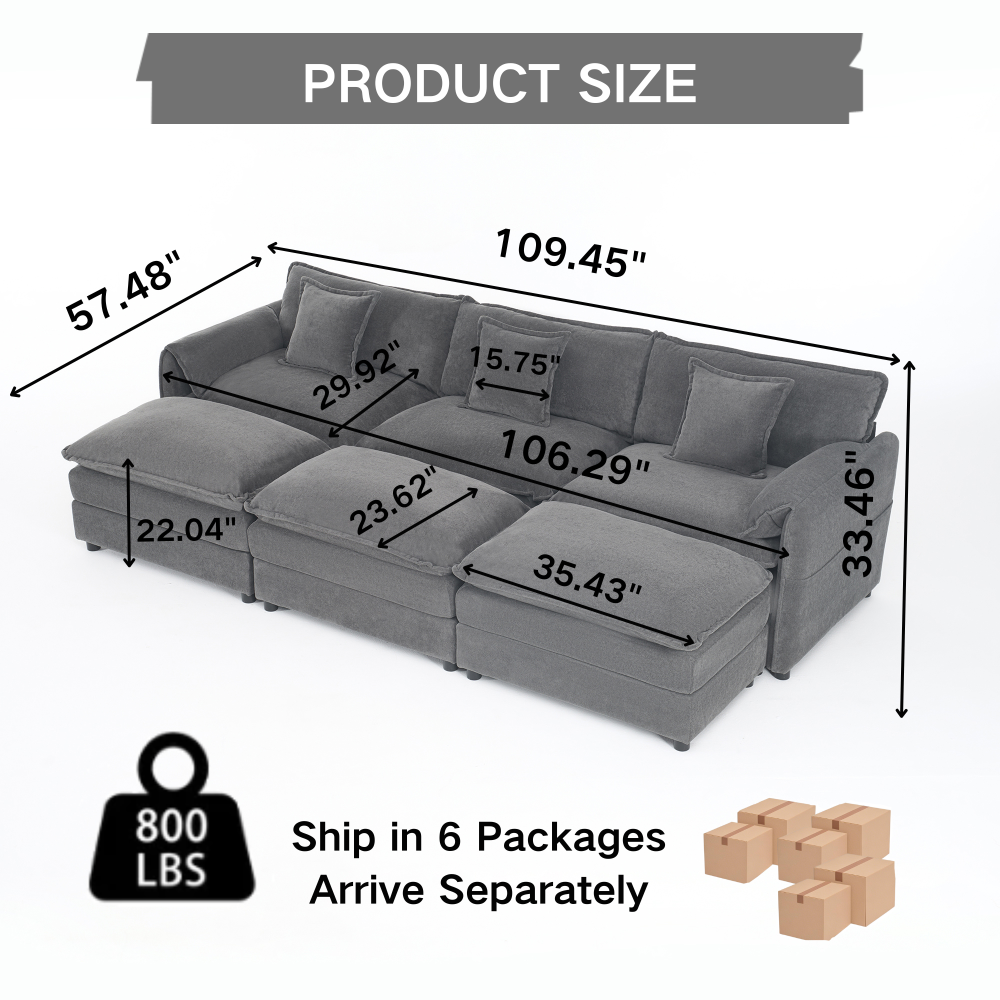 Oversized Deep Seat Modular Sectional Sofa with 3 Ottomans, Chenille Cloud Couch Sleeper for Living Room