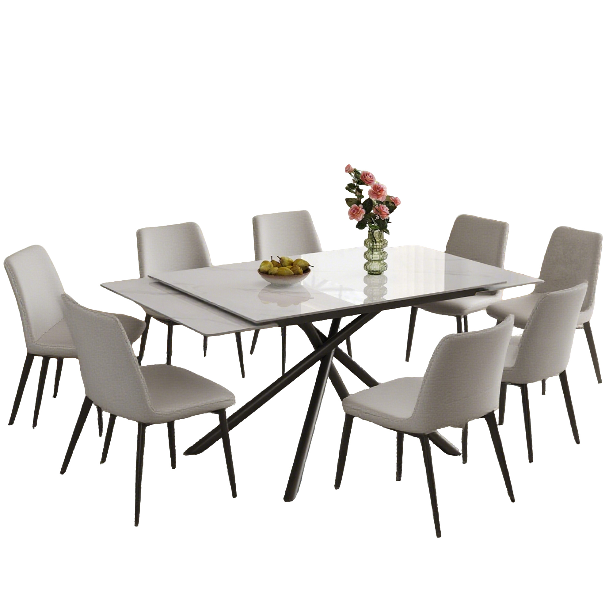 Retractable Sintered Stone Dining Table Set with 8 Chairs, Modern Extendable Kitchen Table, Black Carbon Steel Cross-Leg Base