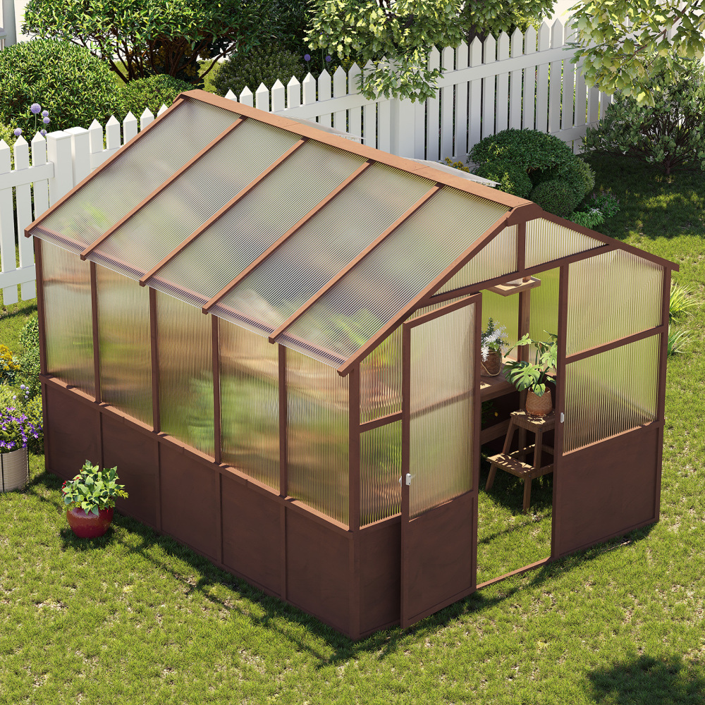 8x10 FT Premium Cedar Wood Greenhouse Kit with 6mm Polycarbonate Panels - Walk-in Garden House with Adjustable Vents & Lockable Door for Backyard