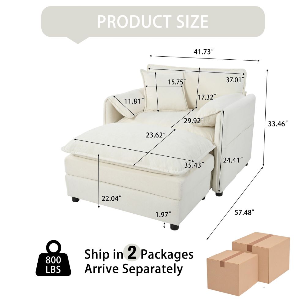 Modern Chenille Oversized Recliner Chair with Movable Ottoman - Modular Beige Lounge Sofa for Living Room & Bedroom