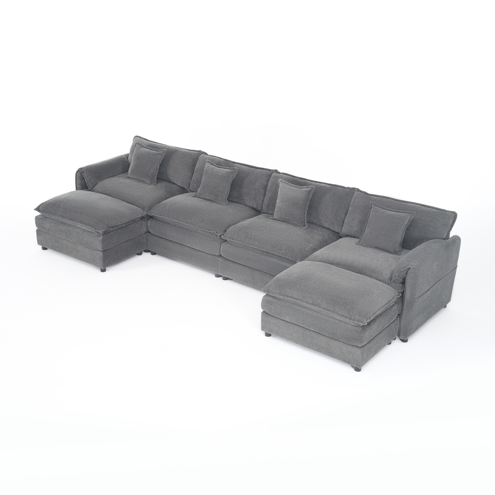 Oversized Modular Sectional Sofa U-Shaped Couch Set with 2 Movable Ottomans, Deep Seat Chenille Living Room Furniture, Grey