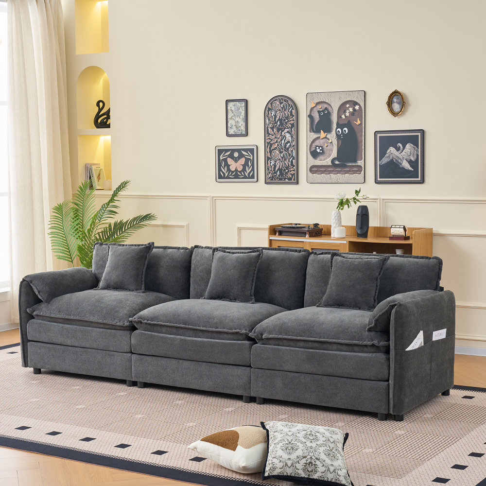 Oversized Deep Seat Sectional Sofa - Modern Chenille Cloud Couch, Large 3 Seater Modular Living Room Furniture with Pillows