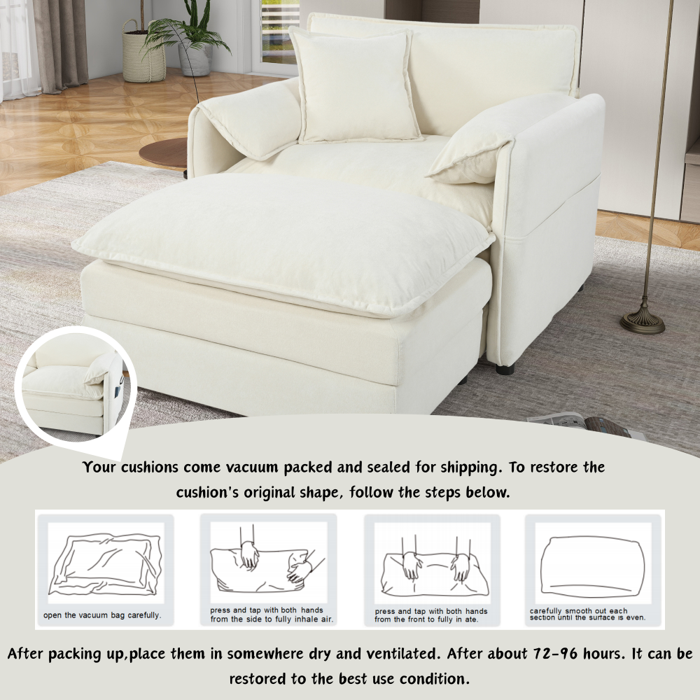 Modern Chenille Oversized Recliner Chair with Movable Ottoman - Modular Beige Lounge Sofa for Living Room & Bedroom