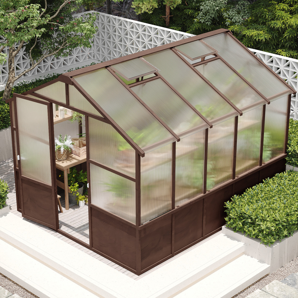 8x10 FT Premium Cedar Wood Greenhouse Kit with 6mm Polycarbonate Panels - Walk-in Garden House with Adjustable Vents & Lockable Door for Backyard