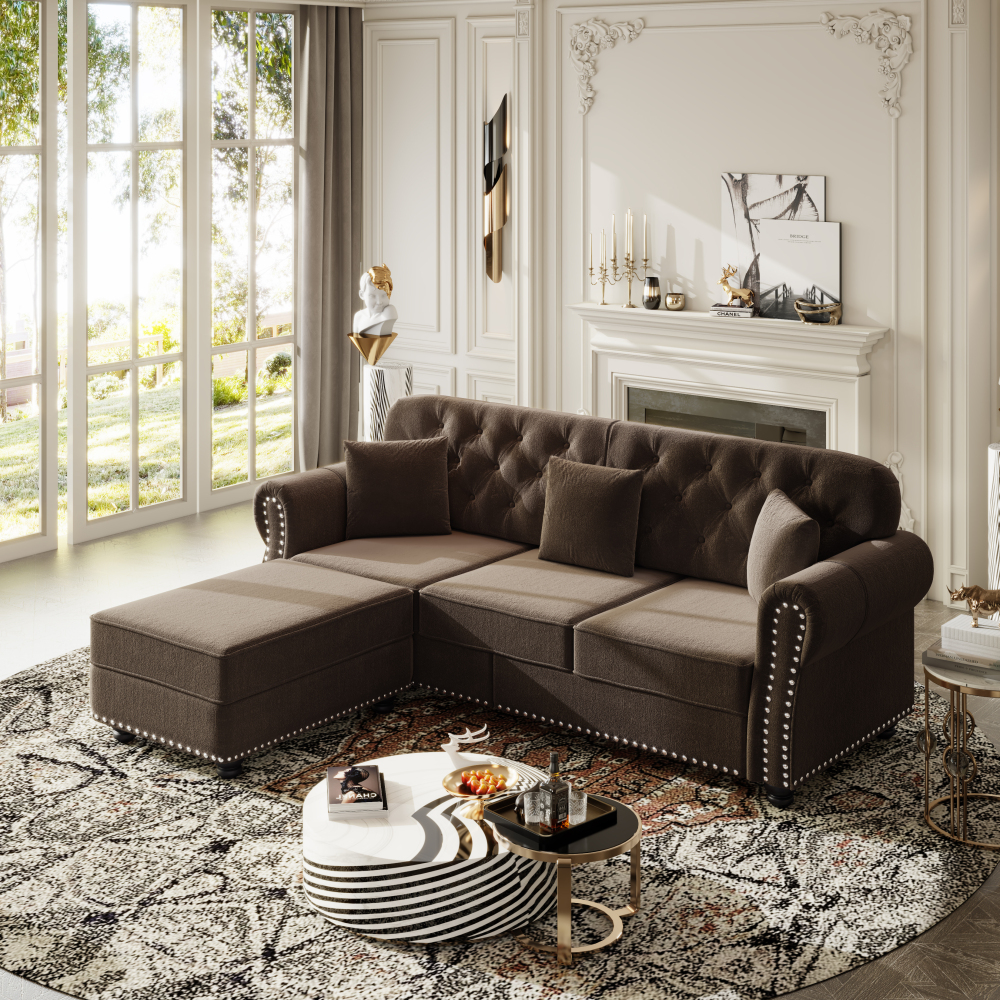 Mid-Century Modern Velvet Sofa Set with Nailhead Trim, Chesterfield Tufted Couch with Rolled Arms & Ottoman