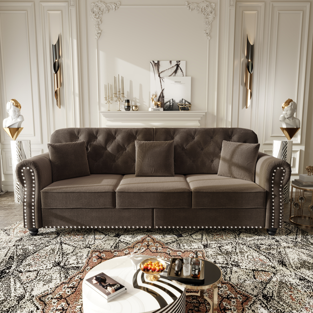 Mid-Century Modern Velvet Sofa Set with Nailhead Trim, Chesterfield Tufted Couch with Rolled Arms & Ottoman