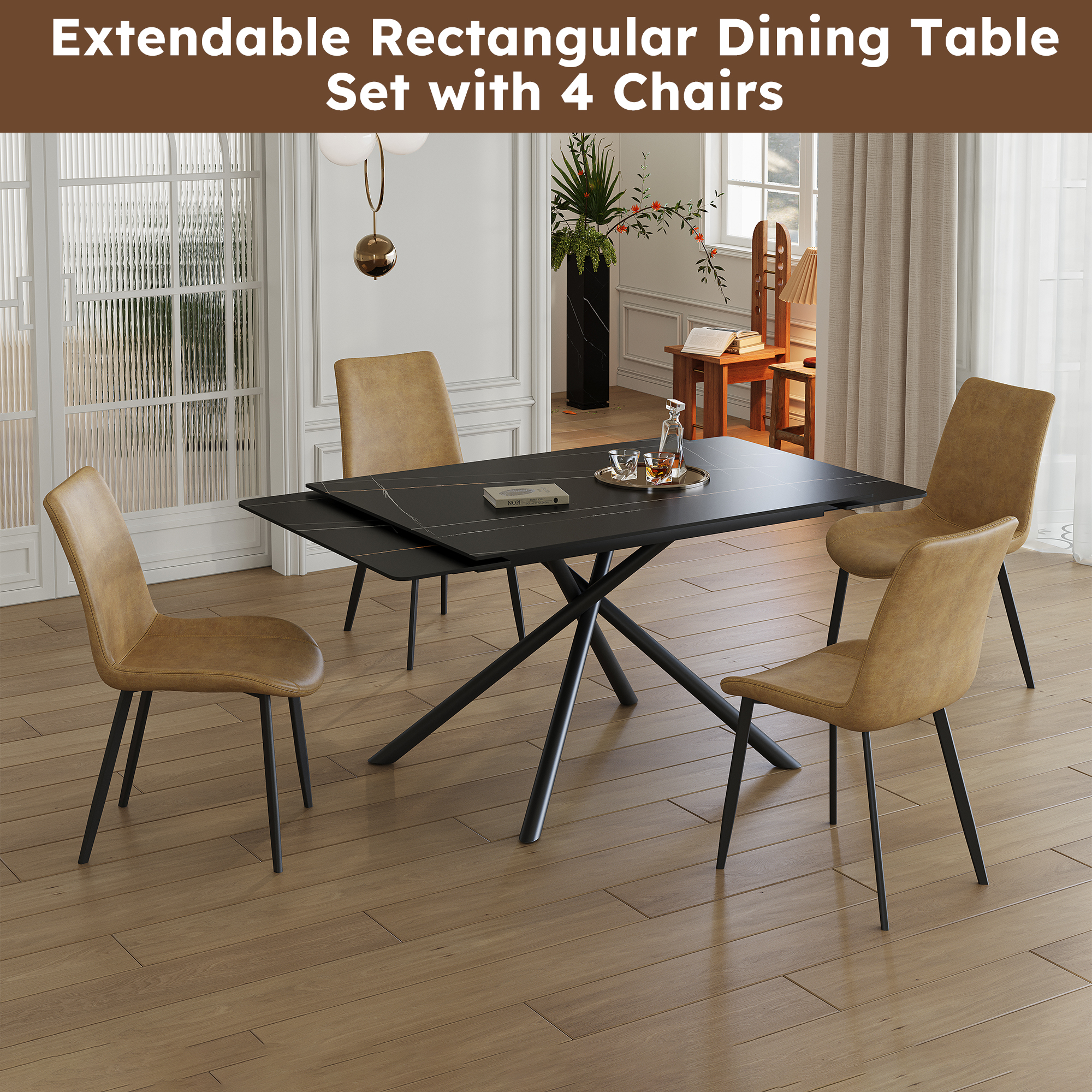 Retractable Sintered Stone Dining Table Set with 4 Chairs - Modern Black Extendable Kitchen Table & Faux Leather Seating