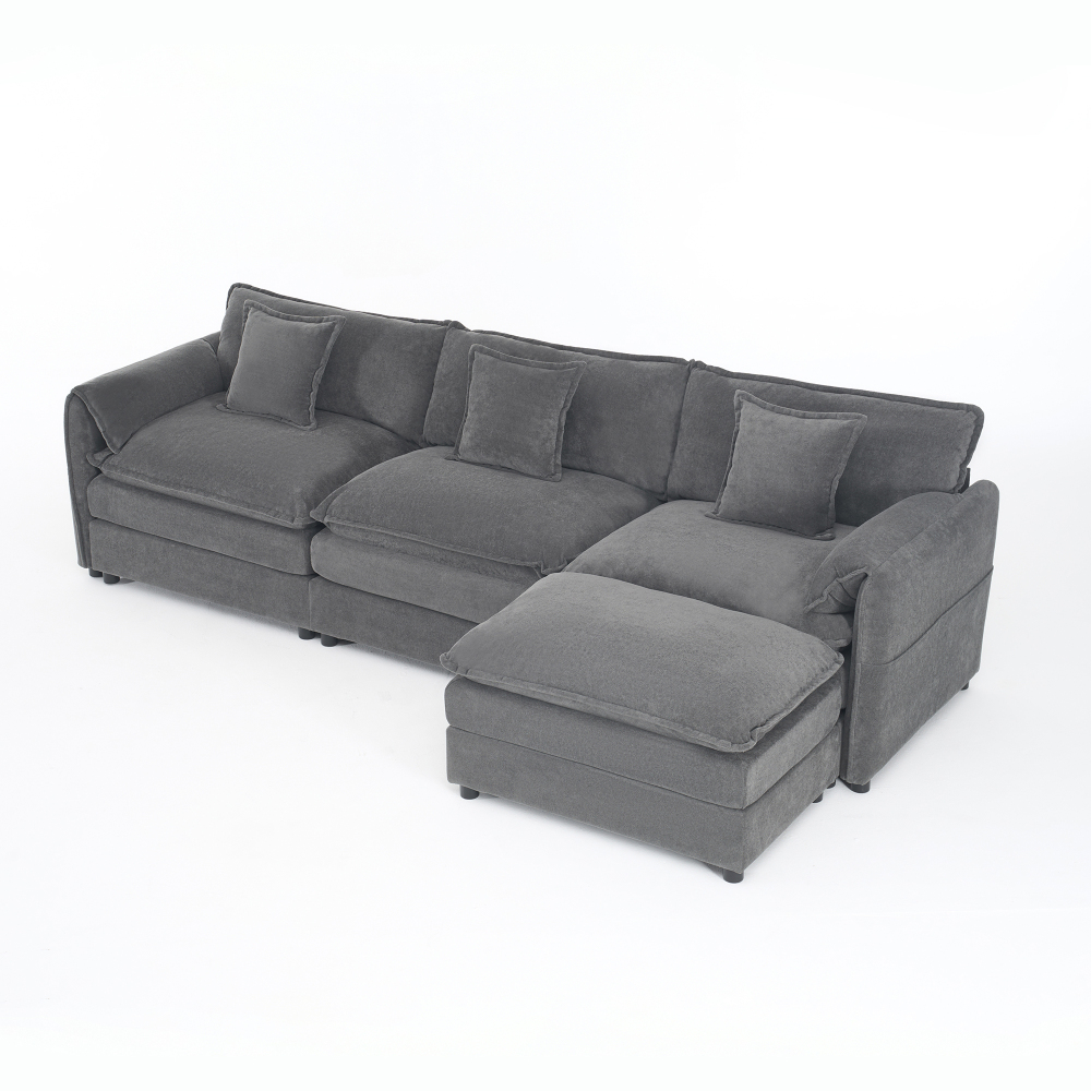 Oversized Modular Sectional Sofa with Movable Ottoman - Deep Seat Chenille L-Shaped Couch Set for Living Room, Grey
