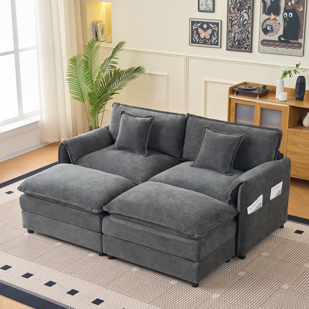 Grey Chenille Modular Sectional Sofa with 2 Ottomans - Deep Seat Cloud Couch for Living Room & Apartment