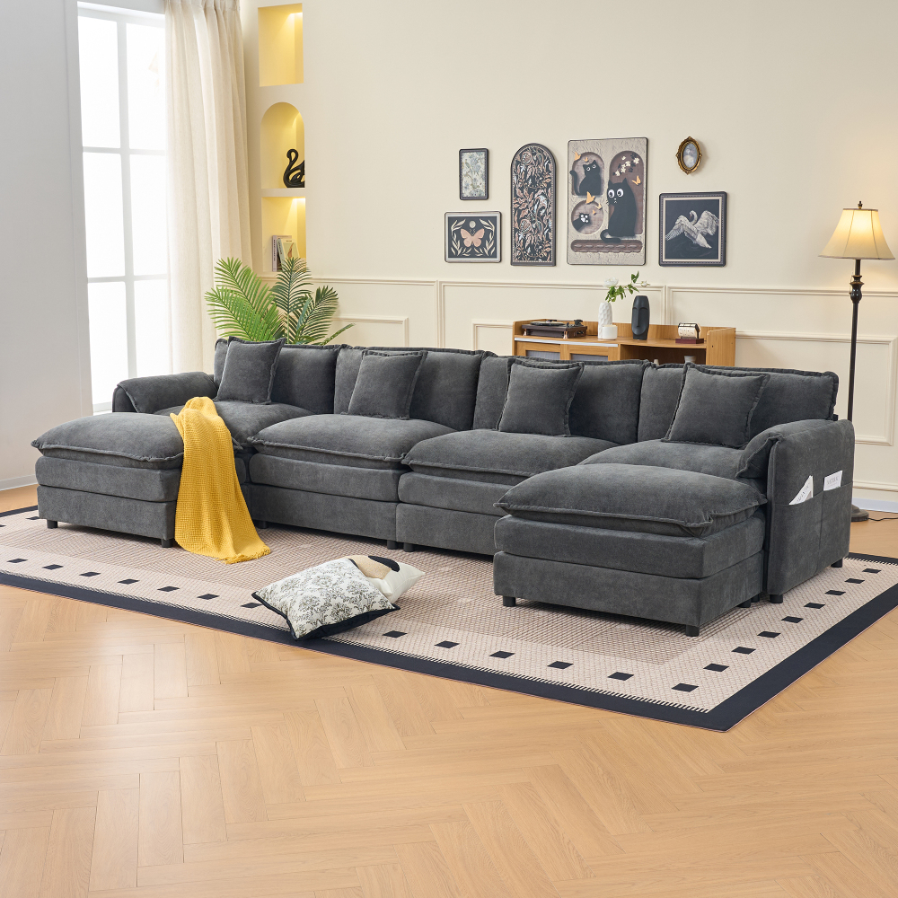 Oversized Modular Sectional Sofa U-Shaped Couch Set with 2 Movable Ottomans, Deep Seat Chenille Living Room Furniture, Grey