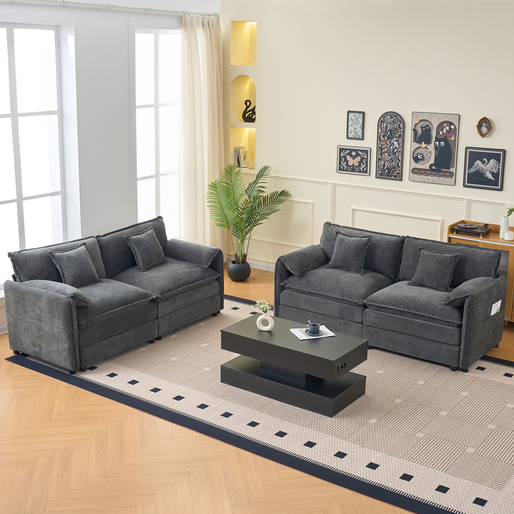 Oversized Deep Seat Luxury Chenille Sofa Set, Modern Grey Modular Loveseat Couches with 4 Pillows for Living Room