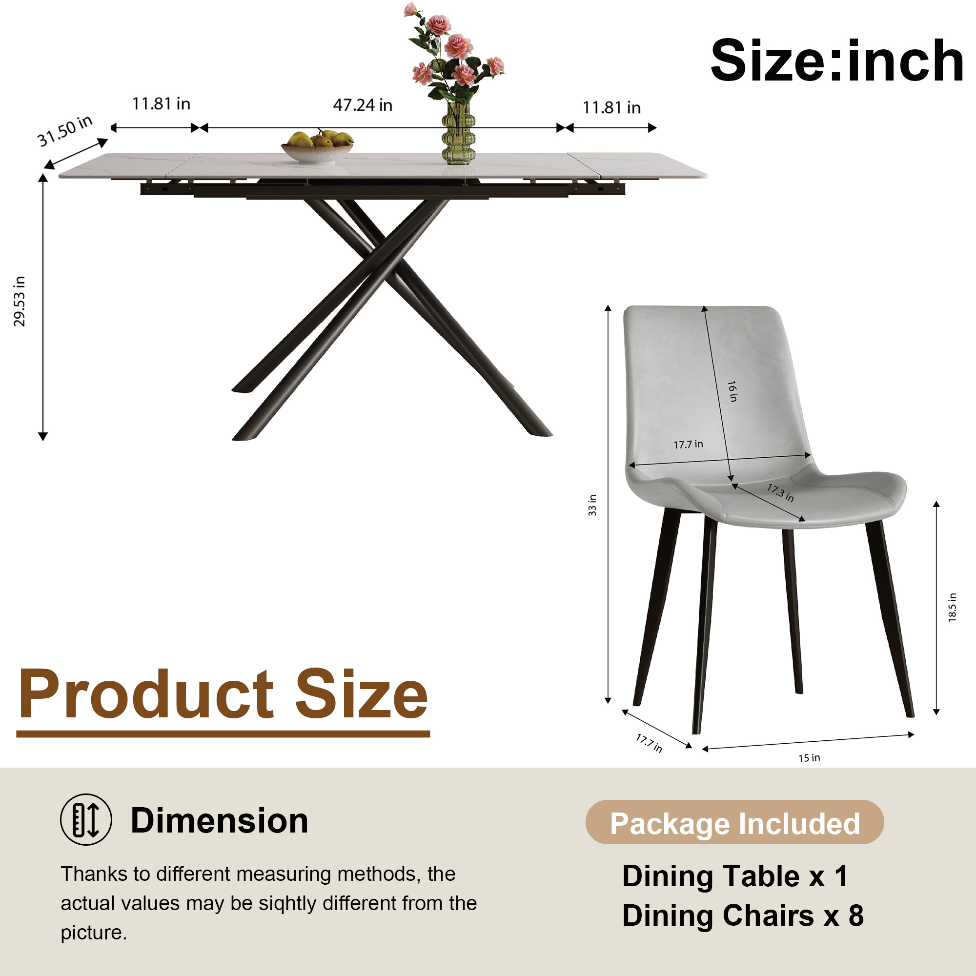 Retractable Sintered Stone Dining Table Set with 8 Chairs, Modern Extendable Kitchen Table, Black Carbon Steel Cross-Leg Base