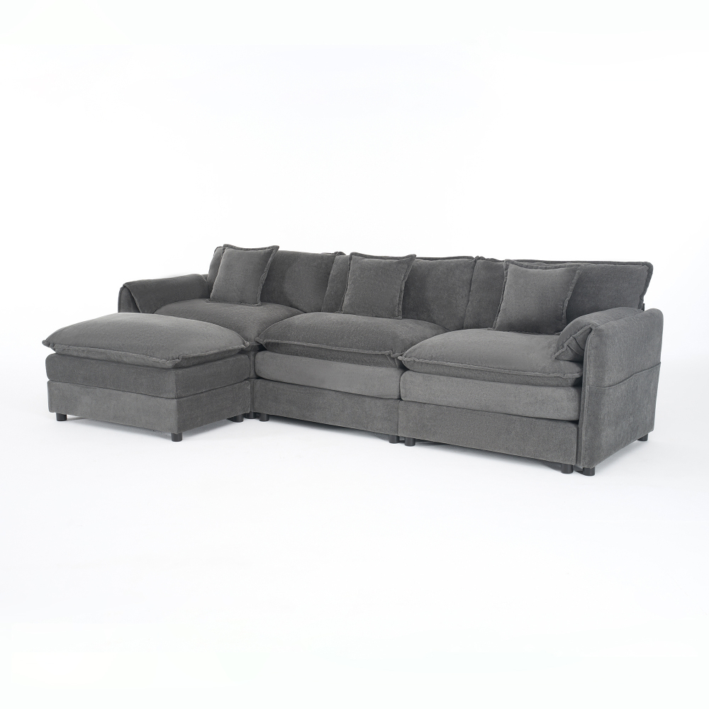 Oversized Modular Sectional Sofa with Movable Ottoman - Deep Seat Chenille L-Shaped Couch Set for Living Room, Grey